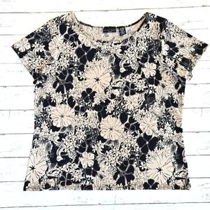 Apostrophe Plus Black & Cream Beige/Tan Floral Top Tee Blouse Stretchy Soft